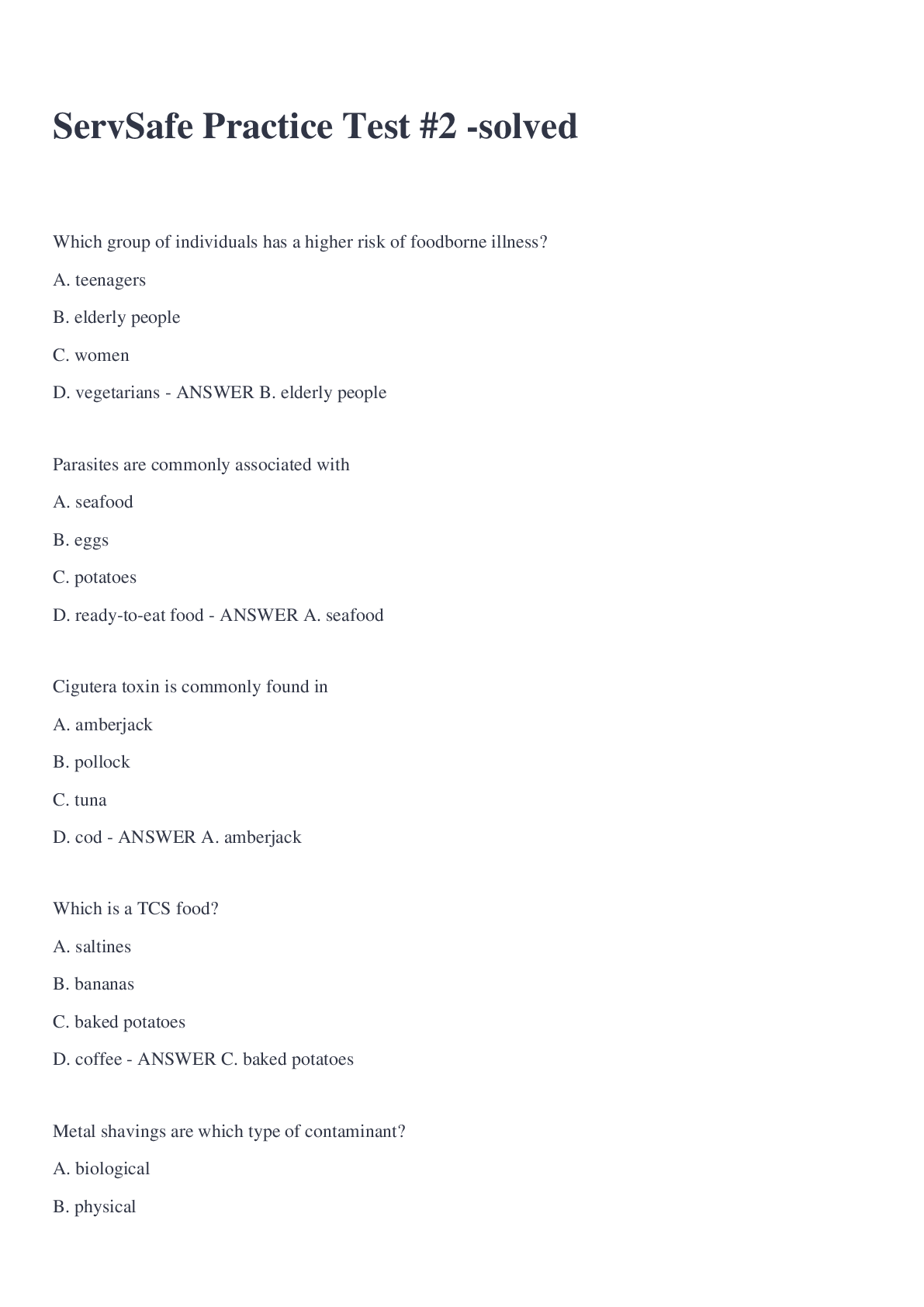 Preview image for ServSafe Practice Test #2 -solved